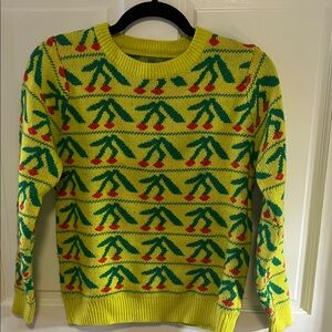 Festive Yellow Sweater with Green and Red Pattern